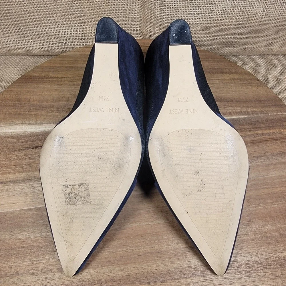 Nine West Wedge Heels Black Blue Suede Pointed Toe Womens 7.5 Slip On Dress Shoe